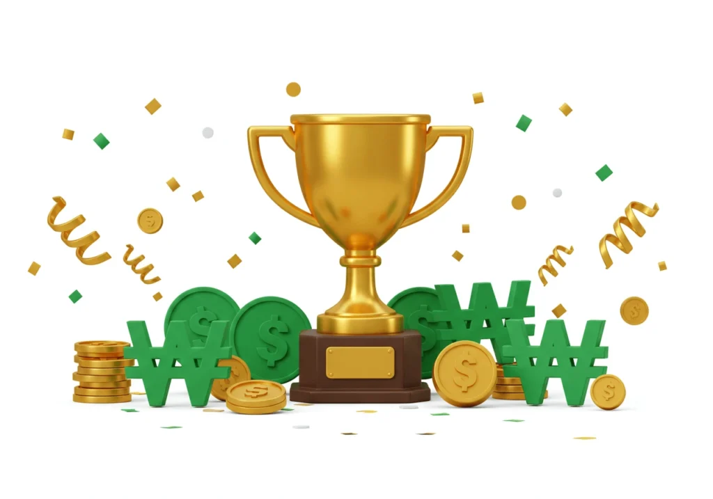 성공적인 지원금 신청 완료를 축하하는 트로피와 화폐