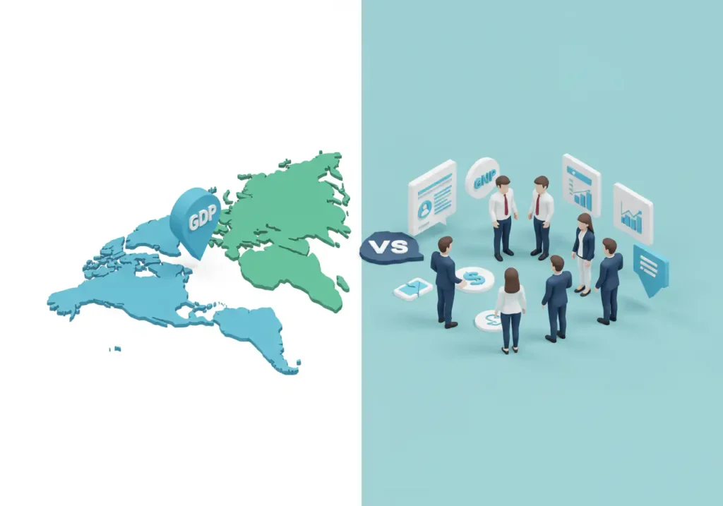 GDP와 GNP의 핵심 차이인 '땅 vs 사람' 개념을 시각화한 분할 구성
