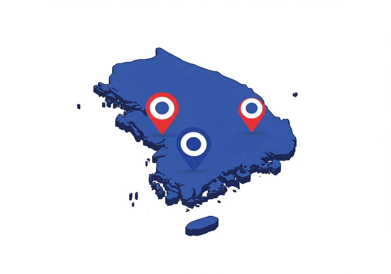 한국 지도에 3개 지역 핀이 표시