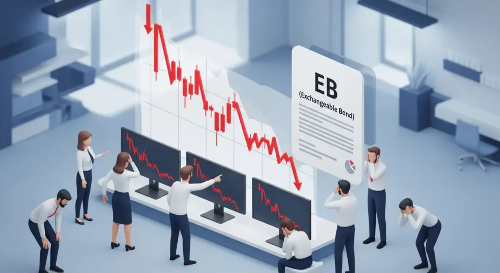 EB 발행 소식 이후 주가 하락과 투자자들의 불안한 반응을 표현한 3D 일러스트. 붉은 화살표와 하락 그래프가 함께 보입니다.
