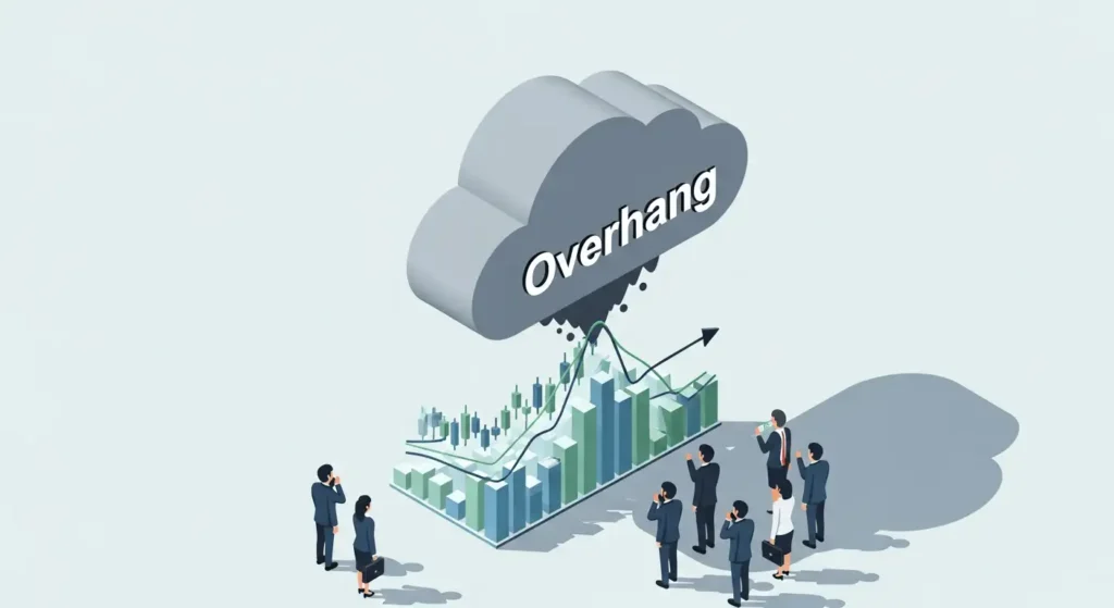 주식 시장 위에 ‘오버행(Overhang)’이라는 구름이 떠 있고, 투자자들이 조심스러운 표정을 짓고 있는 모습을 표현한 3D 일러스트입니다.

