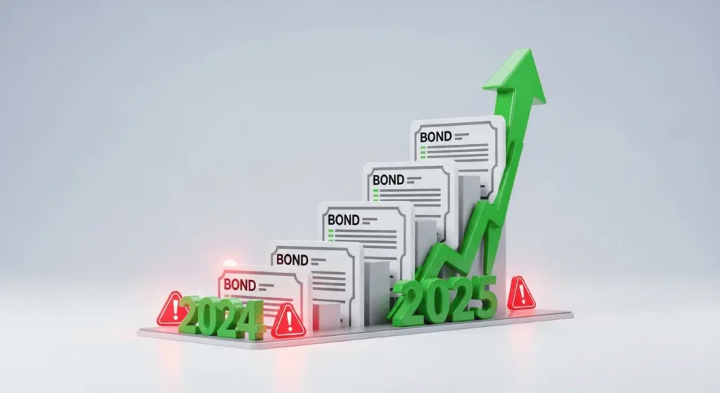 2024년 대비 2025년 EB 교환사채 발행이 2배 이상 급증한 현황을 나타내는 3D 차트 일러스트레이션